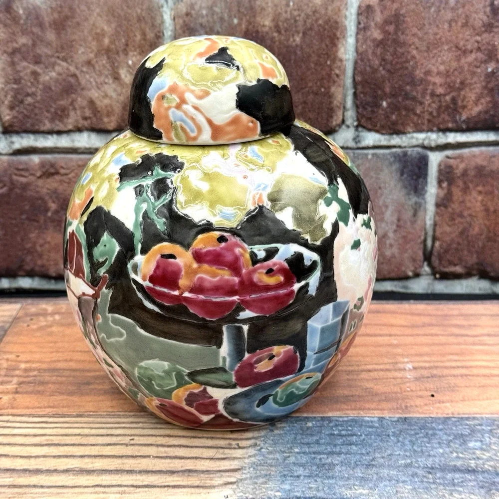 Vtg China Trader Porcelain Ginger Jar W/Lid Majolica Style Fruit Nightingale's‎